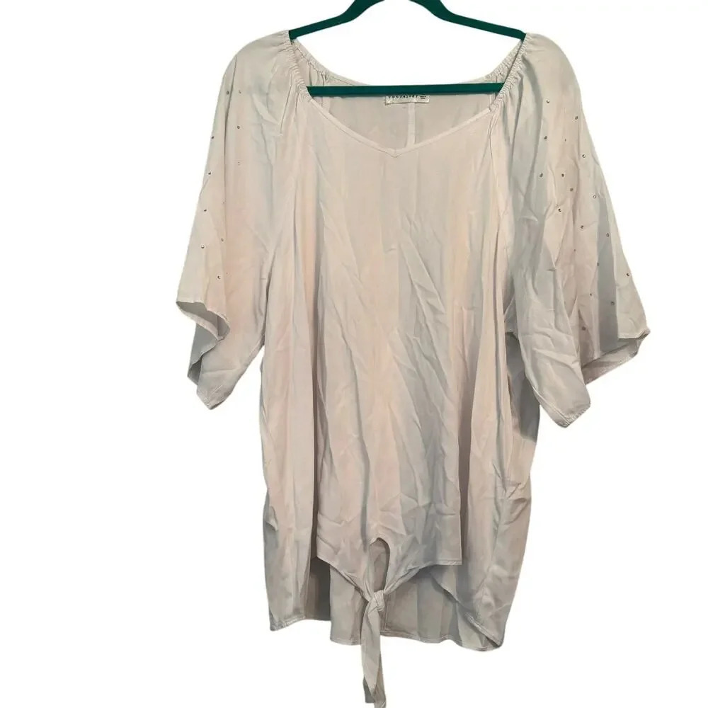 Retrology Womens Knot Front Blouse Top XL White Rayon Rhinestones Short Sleeves